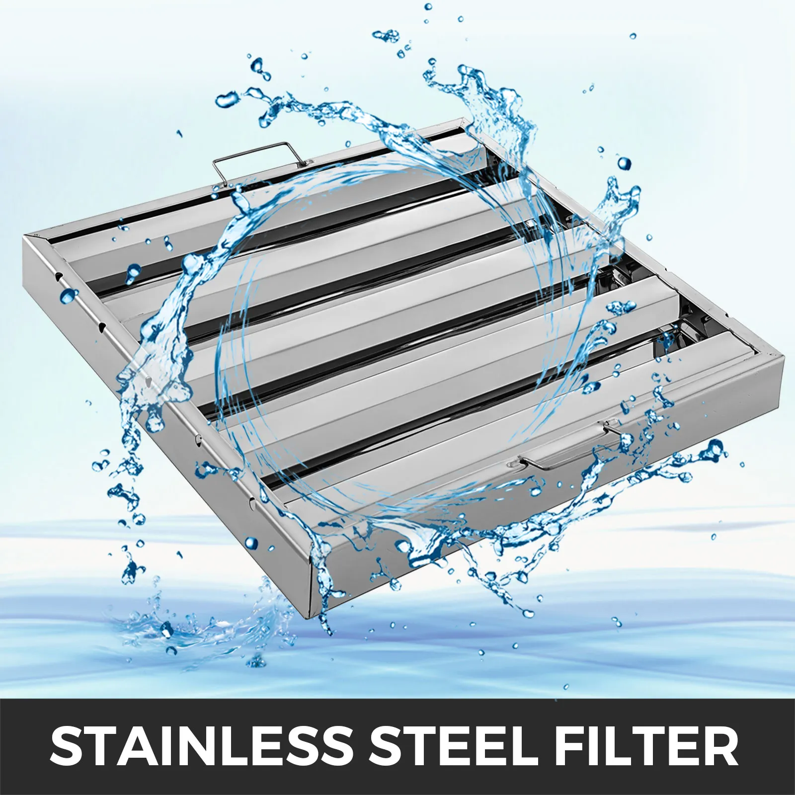 VEVOR hood filters in stainless steel with water splashing around.